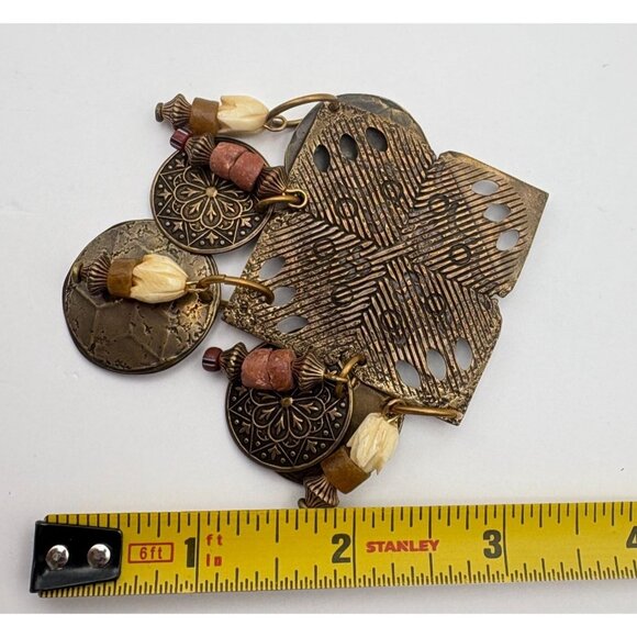 Vintage M Baer Acc SF Brass Artisan Brooch Dangling Beads & Discs Statement Pin - Picture 3 of 6